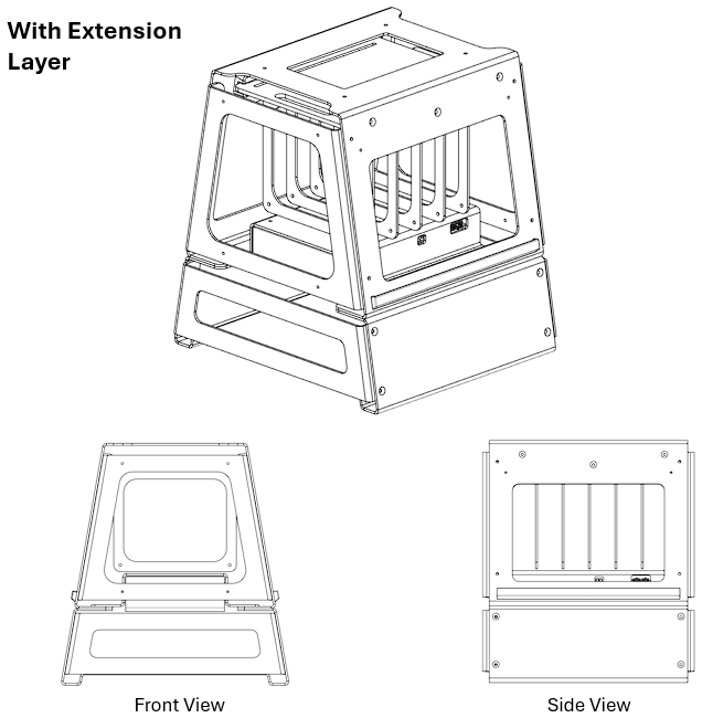 UGV Devkit v1.1 with the extension layer, isometric with front and side views