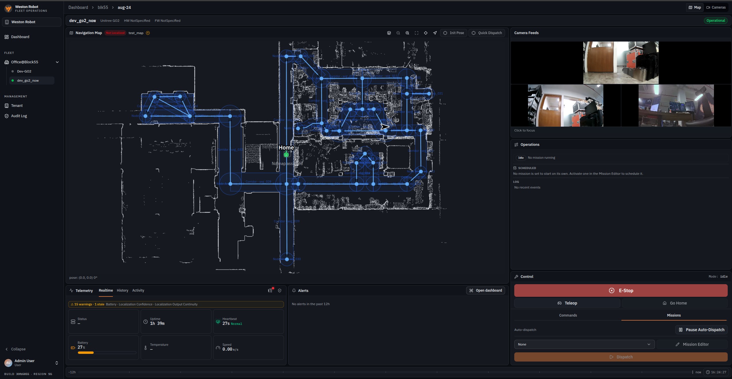 The robot dashboard: the site map with the robot on it, live camera feeds, telemetry and the control panel