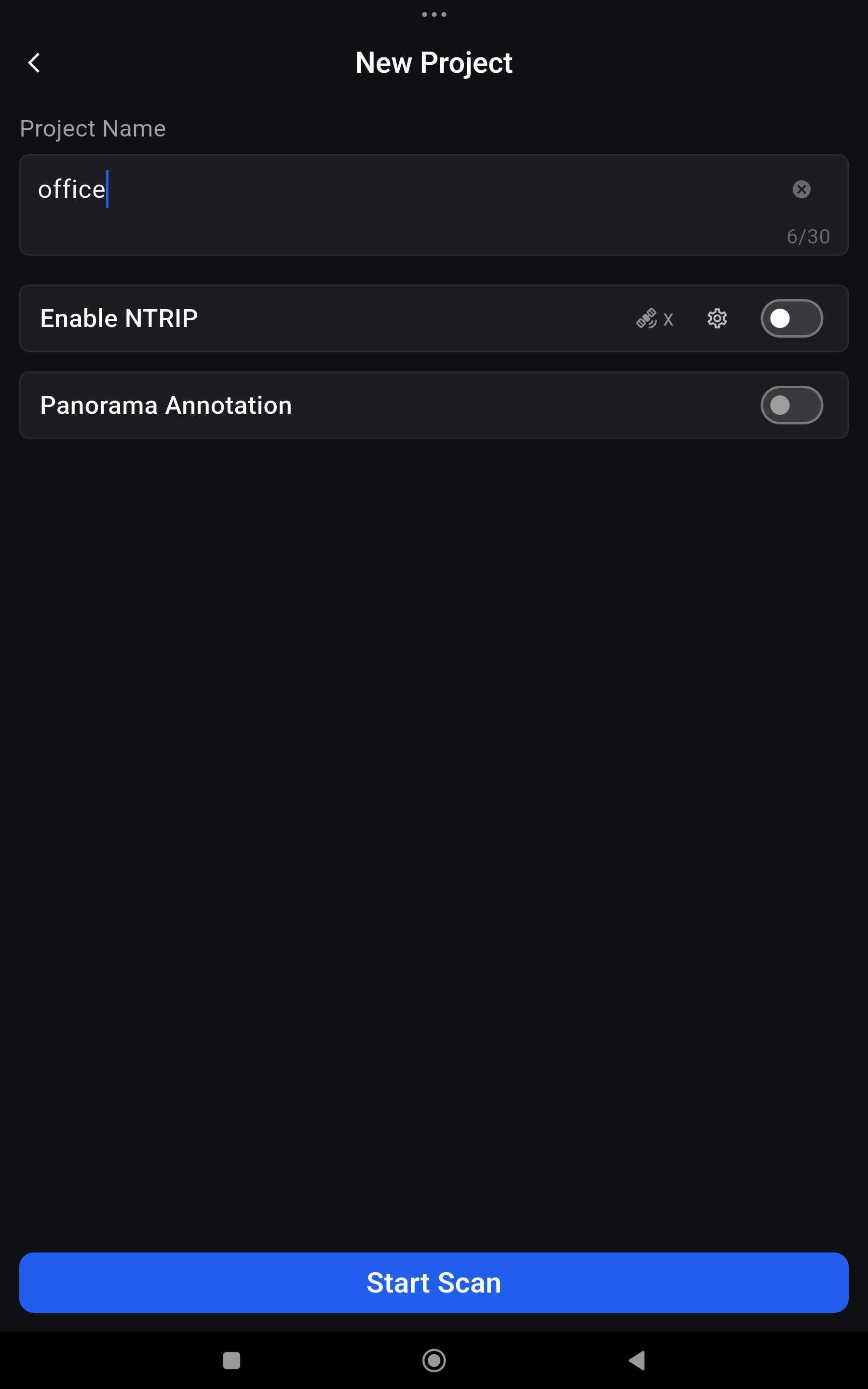 The MindCloud Go New Project screen with a Project Name field containing the word office and a 6 of 30 character counter, toggles for Enable NTRIP and Panorama Annotation both switched off, and a Start Scan button