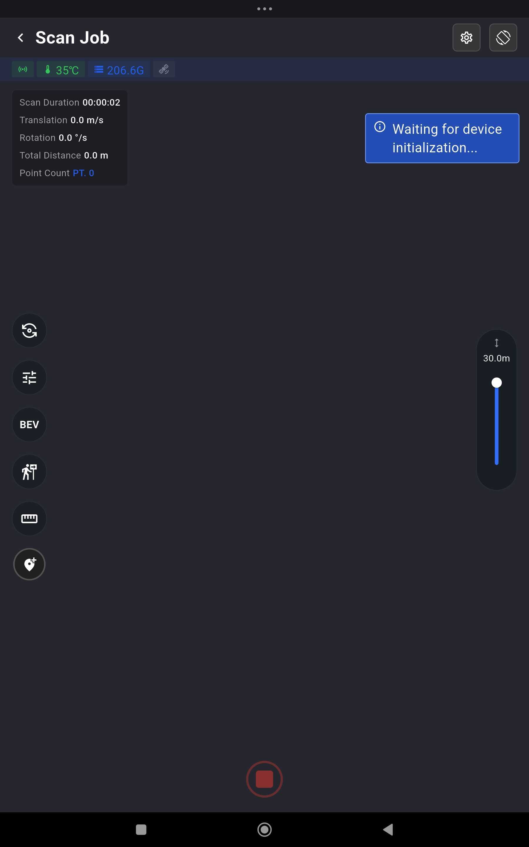 The MindCloud Go Scan Job screen during initialisation, showing a blue Waiting for device initialization banner, a telemetry panel reading Scan Duration 00:00:02, Translation 0.0 metres per second, Rotation 0.0 degrees per second, Total Distance 0.0 metres and Point Count 0, with device temperature and free storage in a strip along the top