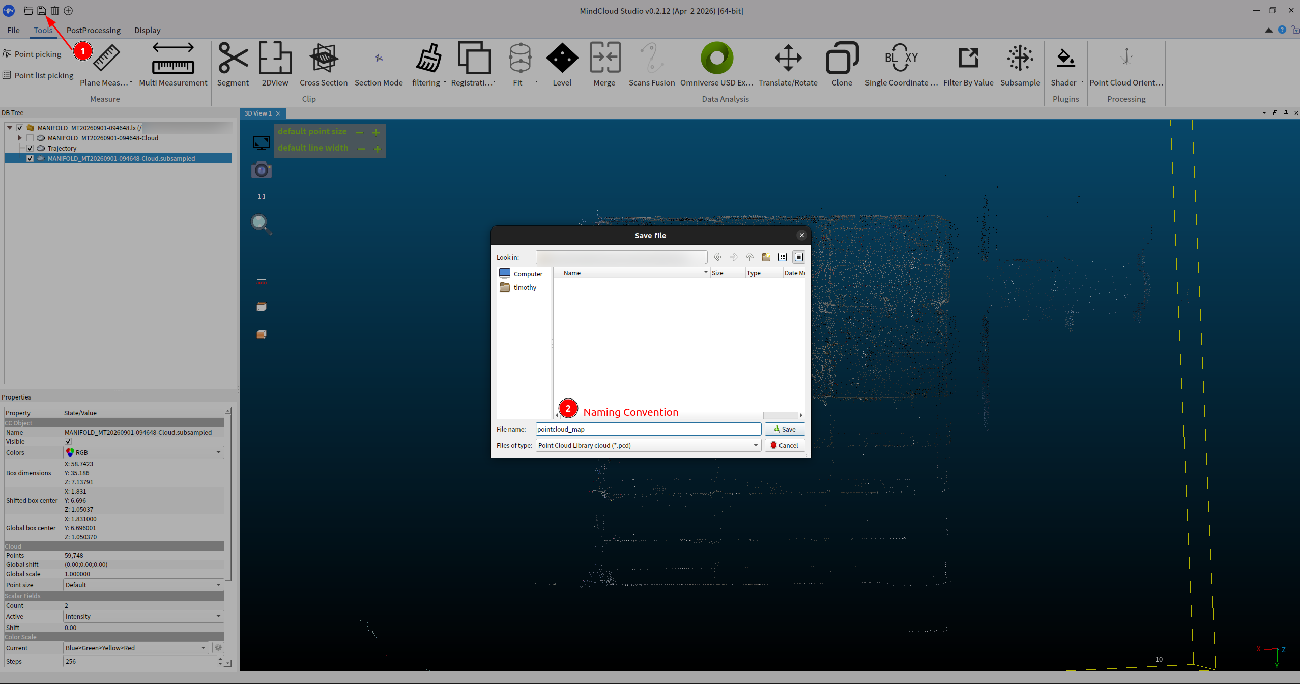 MindCloud Studio with the subsampled cloud selected in the DB tree, the save icon annotated in the top toolbar, and a Save file dialog whose File name field and Files of type set to Point Cloud Library cloud (*.pcd) are annotated. The properties panel reports 59,748 points