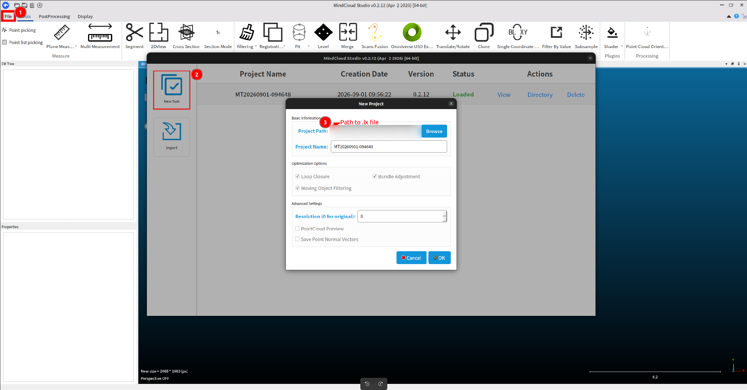 MindCloud Studio with the File menu, the New Task button and the New Project dialog annotated in sequence; the dialog shows Project Path with a Browse button pointing at an .lx file, an auto-filled Project Name, Optimization Options with Loop Closure, Bundle Adjustment and Moving Object Filtering all ticked, and an Advanced Settings group with Resolution set to 0