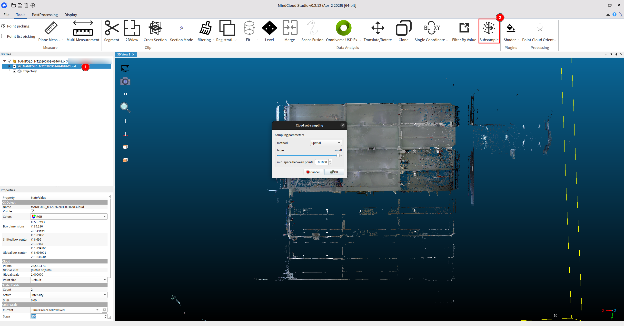 MindCloud Studio with the -Cloud entry selected in the DB tree and the Subsample toolbar button annotated; the Cloud sub sampling dialog shows method set to Spatial, a large-to-small slider, and min. space between points set to 0.1000. The properties panel reports 28,581,173 points