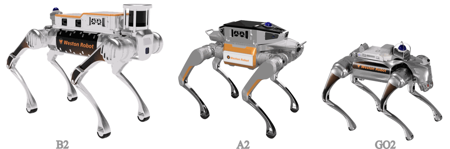 Three quadruped robots side by side, each carrying a Weston Robot payload enclosure